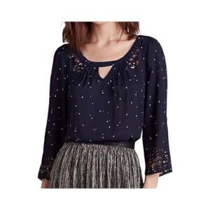 Anthropologie Maeve Navy Teni Star Print Top Laser Cut Keyhole Design Size 4